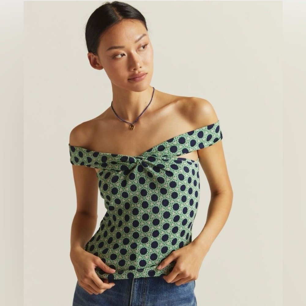 NWT Anthropologie Maeve Green & Blue Dot Off-the-Shoulder Tank Top, Medium